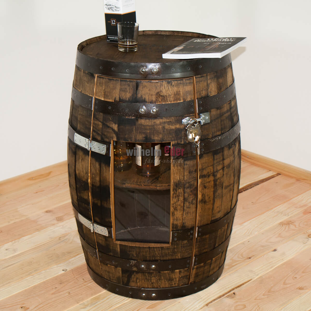 regalfass_bowmore_mit_tuer_natur_6 Regalfass aus Bourbonfass 190 l inkl. Tür mit Plexiglasscheibe